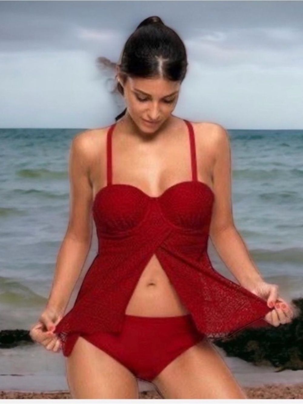 🫶🏻 Boutique Dark Red Lace Tankini Swim Suit